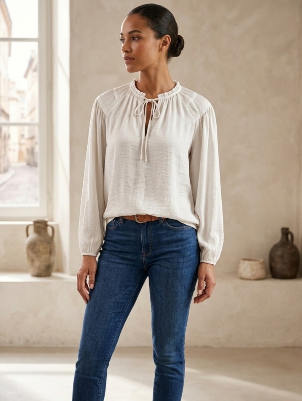 Philosophy Light Cream Tie-Neck Long Sleeve Blouse with Ruffle Trim